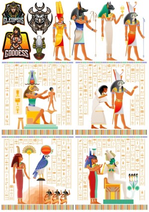 Ancient Egyptian Gods and Goddesses Vector Set with Hieroglyphs Free Vector