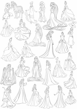 Line Art Collection of Princess Characters in Elegant Gowns Free Vector