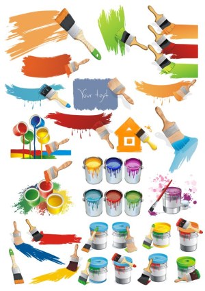 Vector Collection of Paint Cans, Brushes, and Colorful Paint Strokes Free Vector