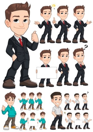 Vector Set of Businessman and Casual Guy Characters in Various Poses Free Vector