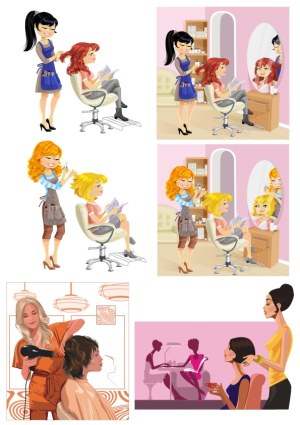 Hair Salon Scenes with Stylists and Clients Free Vector