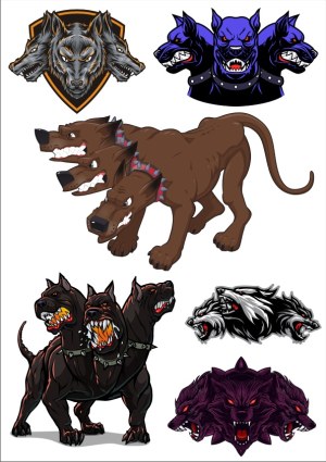 Set of Fierce Three-Headed Dogs and Wolves Vector Illustrations Free Vector