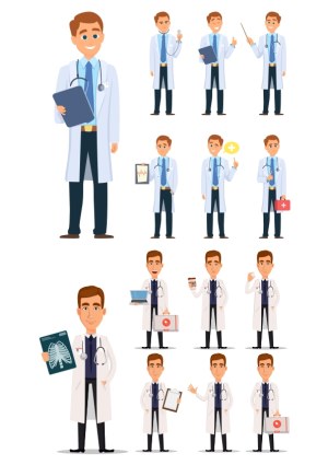 Male Doctor Character Poses with Medical Tools and Gestures Free Vector