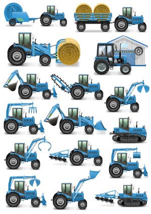 Blue Farm and Construction Tractors with Various Attachments Set Free Vector