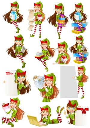 Christmas Elf Girl in Multiple Holiday Poses with Gifts and Signs Free Vector
