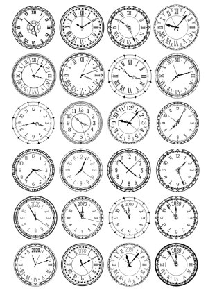 Set of 24 Black and White Vintage Clock Faces with Various Times Free Vector