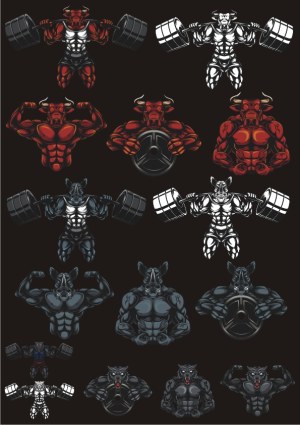 Muscular Bull and Rhino Weightlifting Mascot Vectors Free Vector