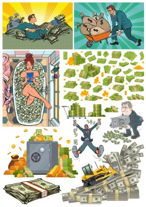 Money and Wealth Collection with Cash, Gold, and Safe Illustrations Free Vector