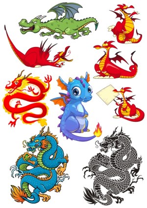 Collection of Colorful Cartoon and Traditional Dragon Illustrations Free Vector