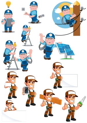 Cartoon Electricians and Handymen Character Set Free Vector