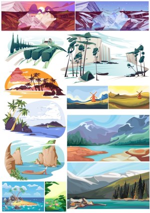 Collection of Diverse Vector Landscape Scenes Featuring Mountains, Beaches, and Countrysides Free Vector