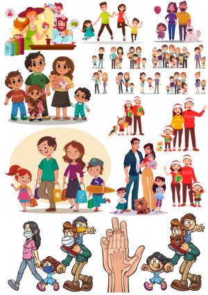 Diverse Family and Social Life Cartoon Vector Illustrations Free Vector