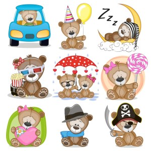 Cute Cartoon Teddy Bears in Various Fun Poses and Costumes Free Vector