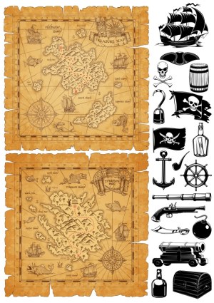 Pirate Treasure Maps with Nautical and Pirate Icons Free Vector