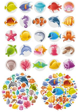 Colorful Marine Life Icons and Patterns Vector Set Free Vector