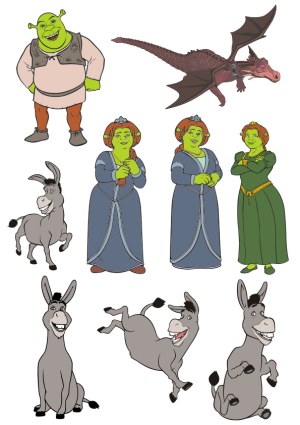 Cartoon Vector Characters of Green Ogre, Female Ogre in Dresses, Donkey in Various Poses, and Flying Dragon Free Vector