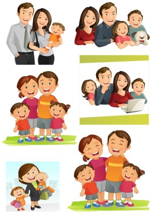 Happy Cartoon Families in Various Scenes Free Vector