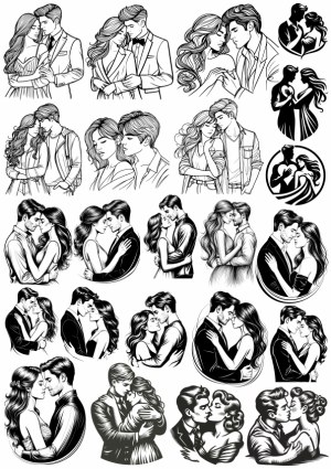Romantic Couples Embracing Detailed Black and White Vector Illustrations Free Vector