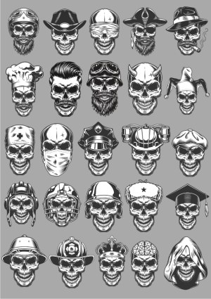 Set of 25 Detailed Skull Characters with Various Hats and Accessories Free Vector