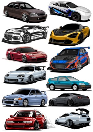 Collection of Tuned and Sports Car Vector Illustrations Free Vector