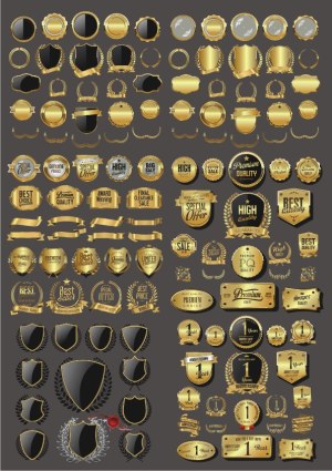Gold and Black Premium Quality, Sale, and Anniversary Badges and Labels Collection Free Vector