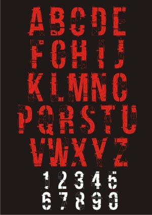 Grunge Style Red Stencil Alphabet and White Numbers Vector Free Vector