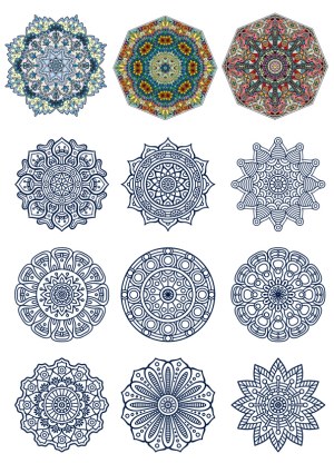 Set of Twelve Ornamental Mandala Designs with Colorful and Outlined Styles Free Vector