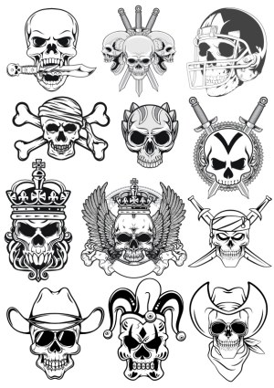 Set of 12 Detailed Skull Illustrations with Various Themes Free Vector