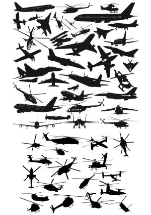 Silhouettes of Various Airplanes and Helicopters Free Vector