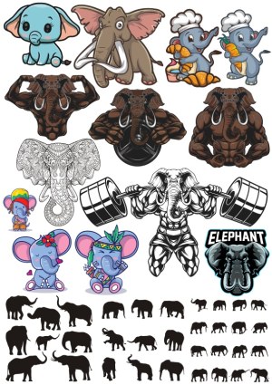 Elephant-Themed Vector Collection with Cartoon, Muscular, Tribal, and Silhouette Styles Free Vector