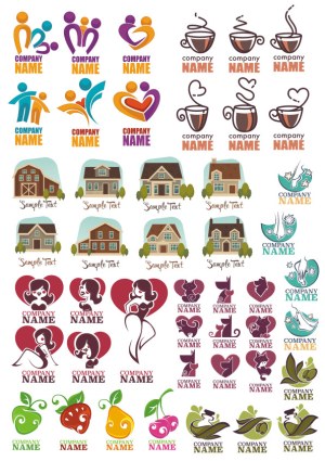 Diverse Business Logo Vector Collection with Human Figures, Coffee Cups, Houses, Mothers, Cats, Fruits, and Leaves Free Vector