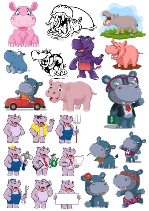 Collection of Cute Cartoon Hippo Characters in Various Styles and Activities Free Vector