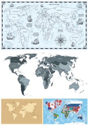 Set of Four World Maps with Various Styles and Details Free Vector