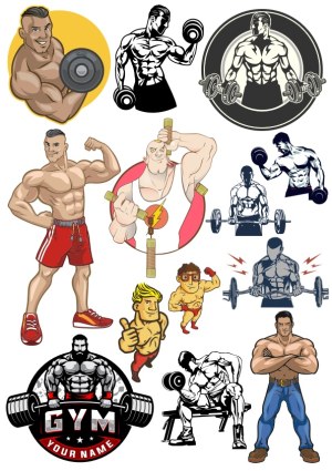 Vector Illustrations of Muscular Men Lifting Weights and Gym Characters Free Vector