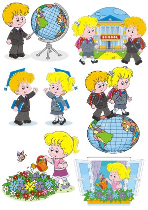 Cute Schoolchildren with Globe, School, Graduation Caps, and Gardening Activities Vector Set Free Vector