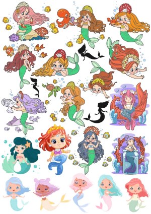 Cute Colorful Mermaid and Underwater Creature Vector Set Free Vector