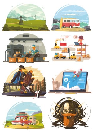 Set of Illustrations: Energy, Travel, Factory, Logistics, Skateboarding, Technology, Road Trip, and Pirate Skull Free Vector