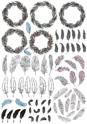 Decorative Feather Vector Collection with Wreaths and Individual Feathers Free Vector