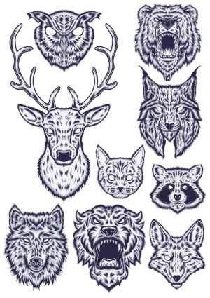 Detailed Wildlife Animal Head Illustrations Vector Set Free Vector