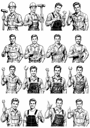 Handsome Skilled Male Workers in Overalls Holding Tools, Thumbs Up Vector Set Free Vector