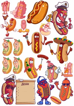 Cartoon Hot Dog Characters and Funny Sausage Illustrations Free Vector