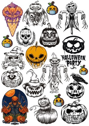 Collection of Scary Halloween Pumpkin Characters and Halloween Party Graphics Free Vector