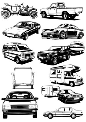 Black and White Silhouettes of Classic and Modern Cars and Vehicles Free Vector