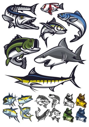 Collection of Stylized Fish and Shark Vector Illustrations Free Vector