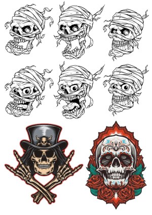 Set of Detailed Skull Vector Illustrations with Mummy Wraps, Gothic Hat, and Floral Sugar Skull Free Vector