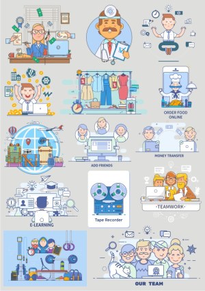 Set of Business, Technology, and Lifestyle Vector Illustrations Free Vector
