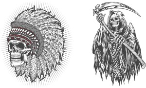 Skull with Native American Headdress and Grim Reaper Vector Illustrations Free Vector