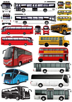 Collection of Various Bus Vector Illustrations Including School, City, Double-Decker, and Coaches Free Vector