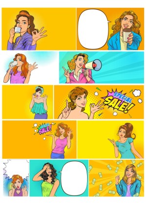Pop Art Women with Coffee, Speech Bubbles, and Sale Signs Free Vector