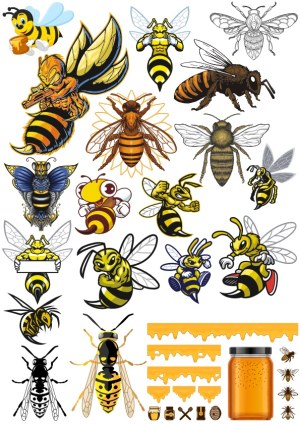 Collection of Bee and Wasp Vector Illustrations with Honey Jar and Drips Free Vector